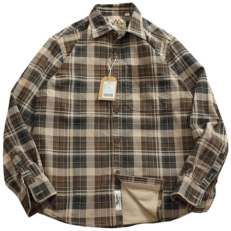 2024 Spring and Autumn New American Retro Woven Plaid Cargo Shirt Men's Simple 100% Cotton Washed Single Pocket Thin Jacket