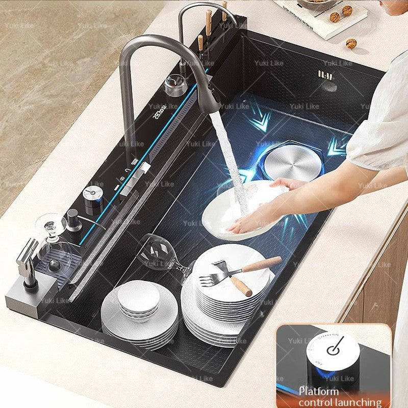 Stainless Steel Waterfall Kitchen Sink Digital Display Faucet Set Embossed Extra Large Single Slot Multiple Types of sinks
