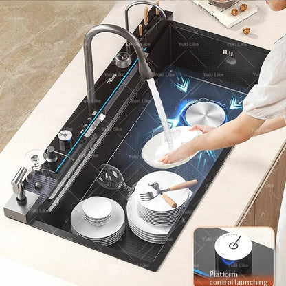 Stainless Steel Waterfall Kitchen Sink Digital Display Faucet Set Embossed Extra Large Single Slot Multiple Types of sinks
