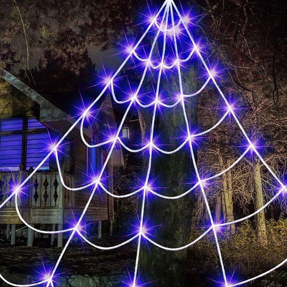 8 Modes Halloween Spider Web Lights Glow Waterproof LED Spider Net Triangle Hanging Scary Giant Spider Party