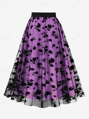 ROSEGAL-Floral Leaf Flocking Mesh Skirts for Women, Plus Size 3 Colors Elastic Waist, Midi Skirt, Streetwear Skirt, New Arrival