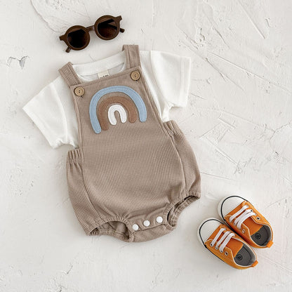 Newborn Baby Boys Clothing Summer Girls Set Waffle Rainbow Patch Overalls Romper Jumpsuit+Short Sleeved Shirt Clothes 2Pcs/Set