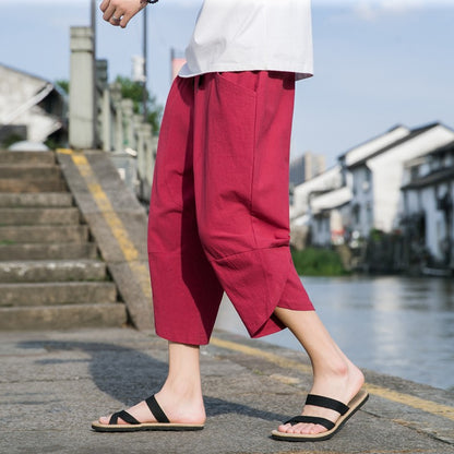 M-5XL Summer New 100% Cotton Loose Cropped Pants Solid Color Casual Elastic Waist Curved Leg Japanese Pants