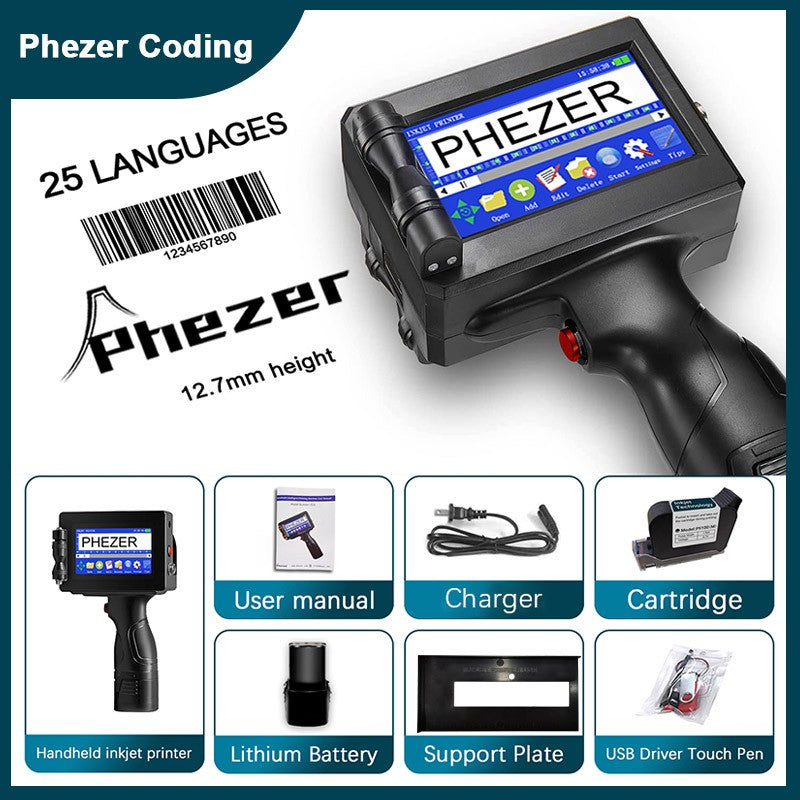 Phezer P15 12.7mm Label Printer QR Bar Batch Code Date Number Logo Expiry Date Handheld Inkjet Printer 28 Languages Portable
