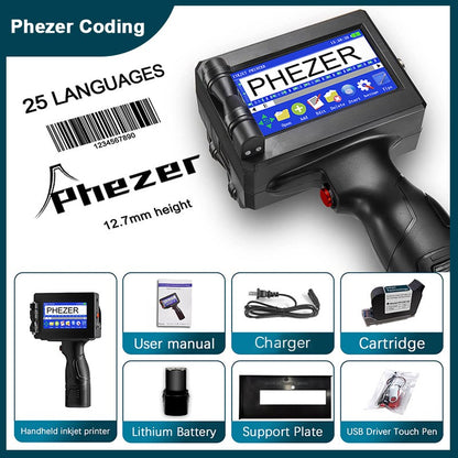 Phezer P15 12.7mm Label Printer QR Bar Batch Code Date Number Logo Expiry Date Handheld Inkjet Printer 28 Languages Portable