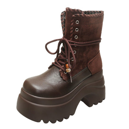 High Platform Women Motorcycle Boots 9CM Wedge Heels Walking Ankle Shoes New 2025 Autumn Winter Lace-up Modern Short Booties