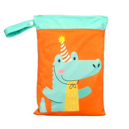 Washable PUL Waterproof Wet Dry Bag - Cute Print, 2 Pockets for Cloth Diapers, Travel, Beach, Pool & Gym| Toiletry Bag