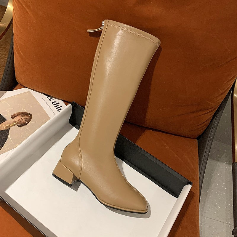 Women Black High Heel Long Boots Fashion Spring Autumn Warm Knee High Boots Soft Leather Thigh High Boots Shoes Zipper