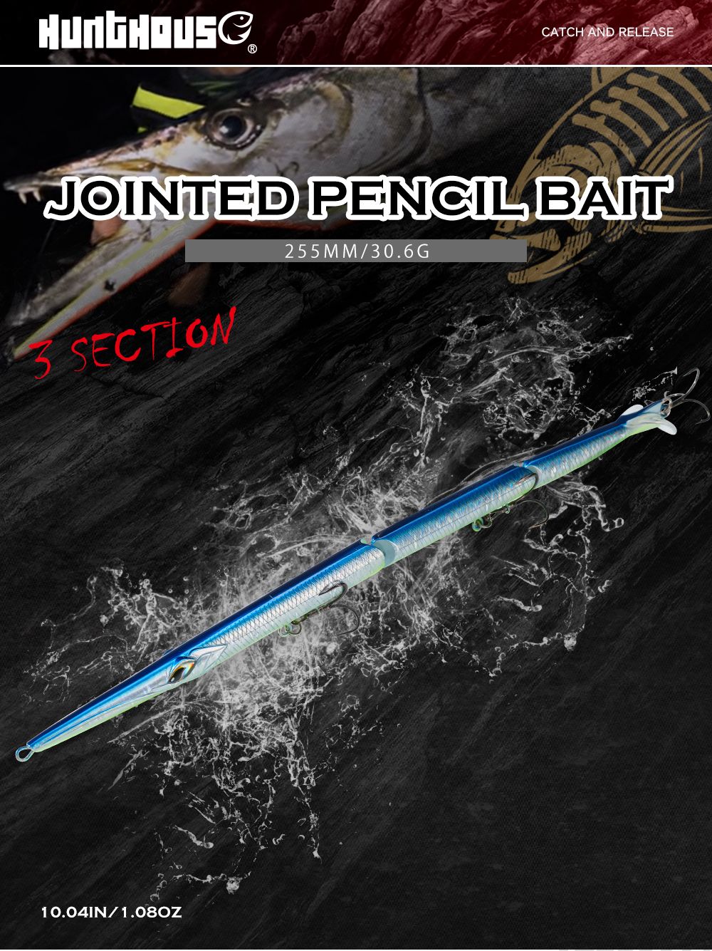 Isca Artificial Hunthouse Articulada Lápis 3 Seções 255mm/30.6g Agulha Sinking Swimbait para Anchova Robalo Material de Pesca