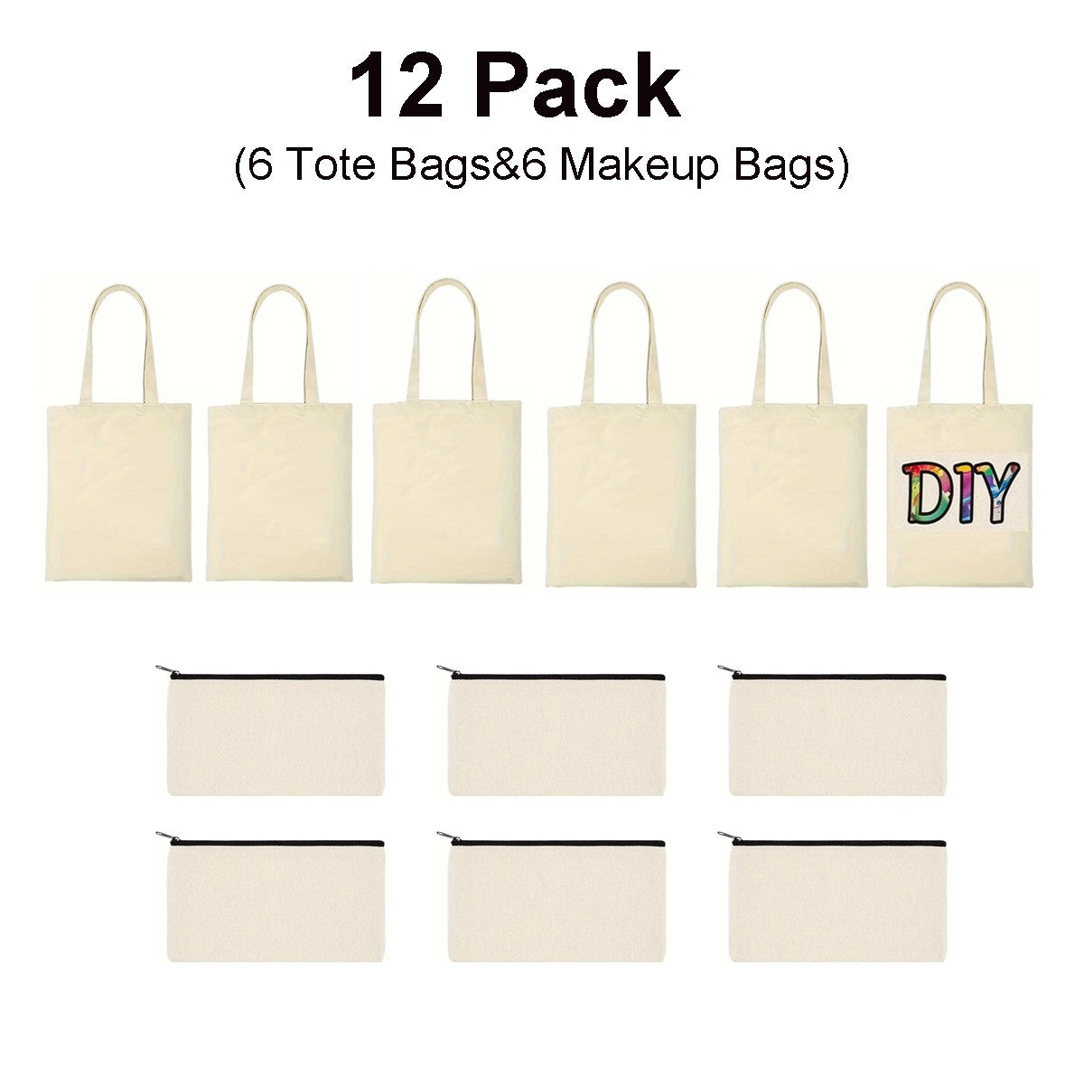 Kit de 12 Peças de Sacolas e Bolsas com Zíper para Sublimação – 6 Sacolas Reutilizáveis de Compras e 6 Necessaires para Artesanato DIY com Transferência de Calor