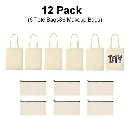 Kit de 12 Peças de Sacolas e Bolsas com Zíper para Sublimação – 6 Sacolas Reutilizáveis de Compras e 6 Necessaires para Artesanato DIY com Transferência de Calor