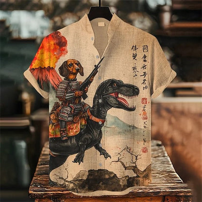 Hawaiian Summer 3D Cat Printed Men's Linen Shirt Casual Short Sleeve Shirt Loose, Vintage, Funny Men's Costume