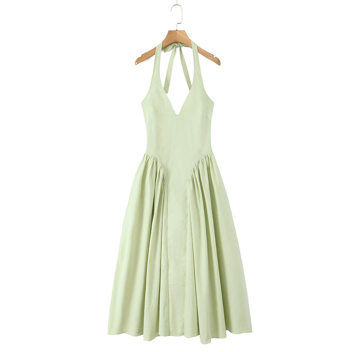 YENKYE Sexy Backless Green Elegant Halter Dress For Women Low Waist A-line Midi