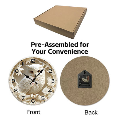 White Owl Wooden Round Silent Hanging Wall Clock, Suitable For Living Room, Office, Study Room, Bedroom, Home Decoration