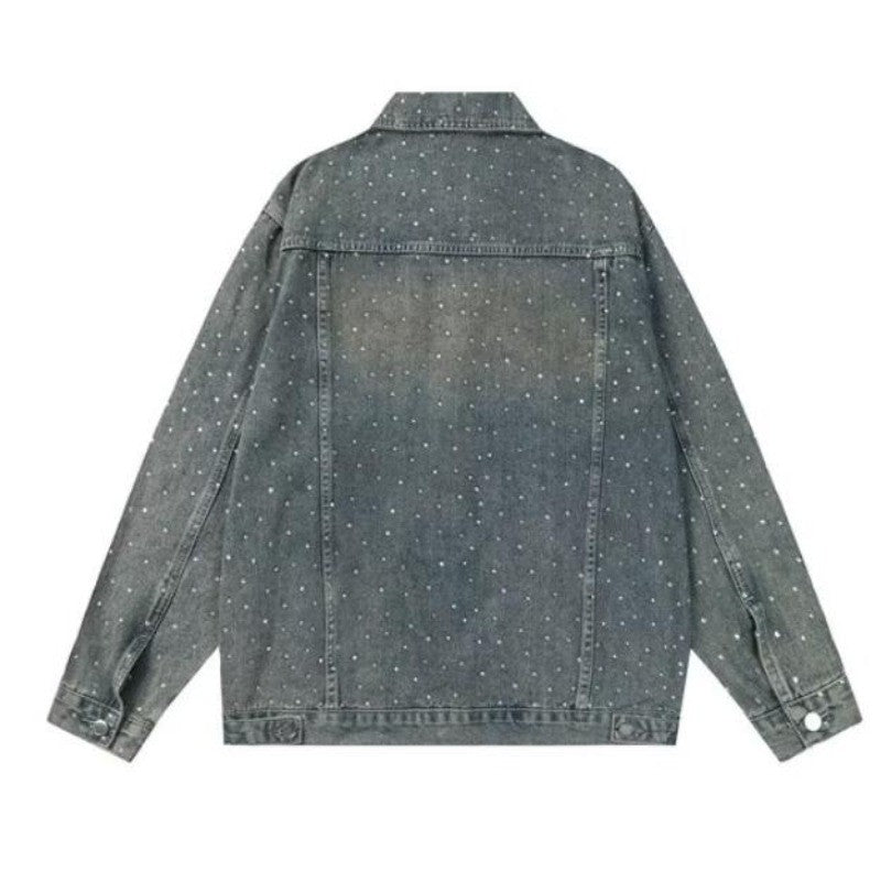 American Trendy Denim Jacket Mens Make Old Flash Diamond Fashion Outwear Spring Single-breasted Street Couple Cowboy Coats