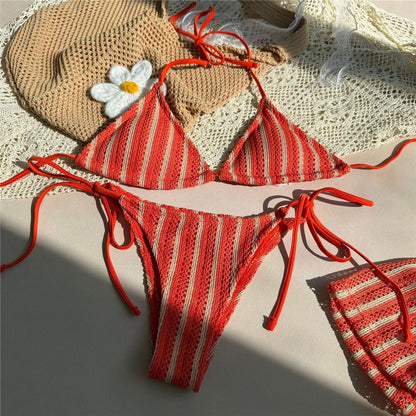 Orange Striped Swimwear Halter String Triangle Bikinis Sets 3 Pieces Bottoms Shorts Mini Micro Thong Sexy Swimsuit Woman 2025