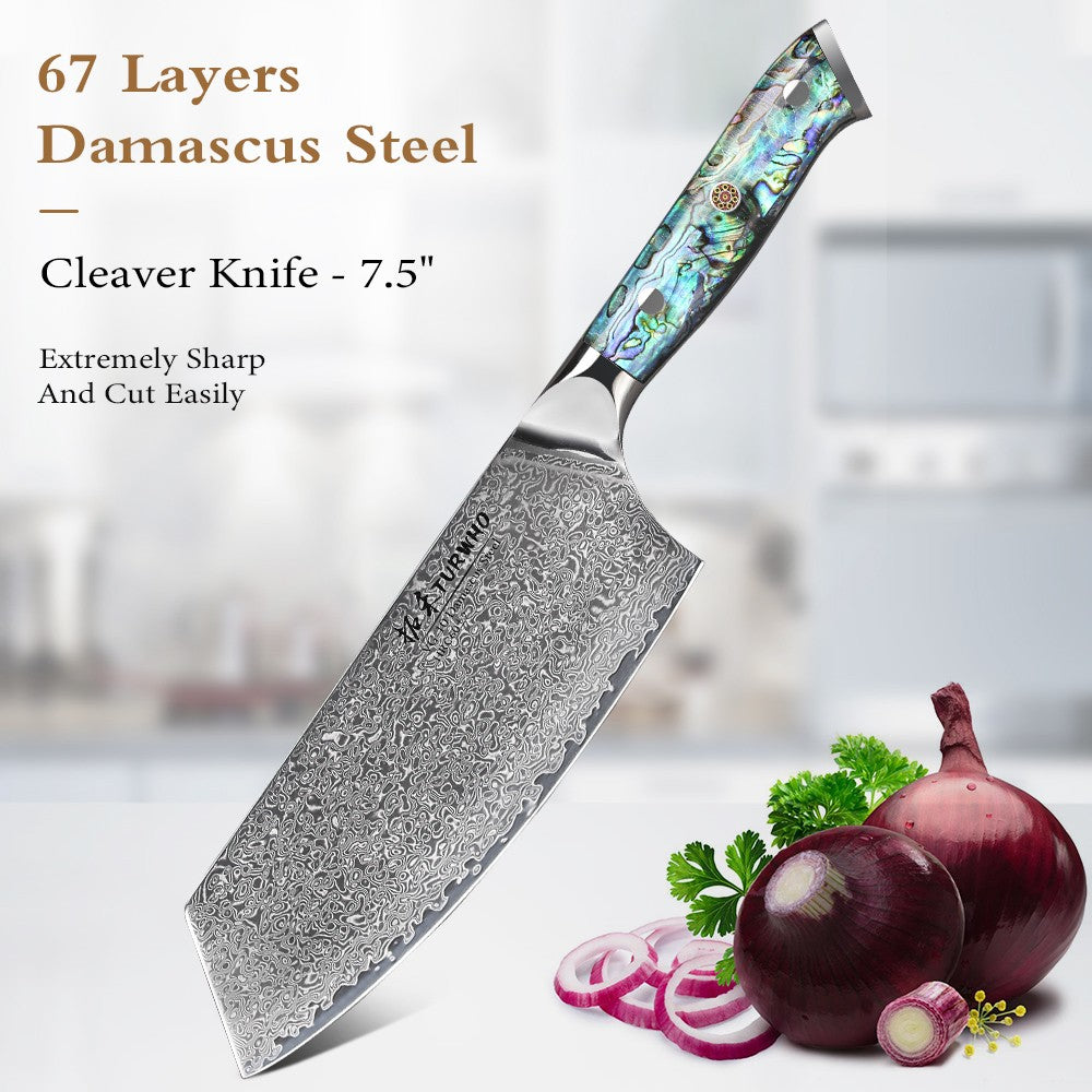 Faca de Cozinha TURWHO Japonesa de Aço Damasco de 67 Camadas com Cabo de Abalone Afiada Faca Santoku para Pão Bife Faca de Chef Ferramentas de Corte para Cozinha