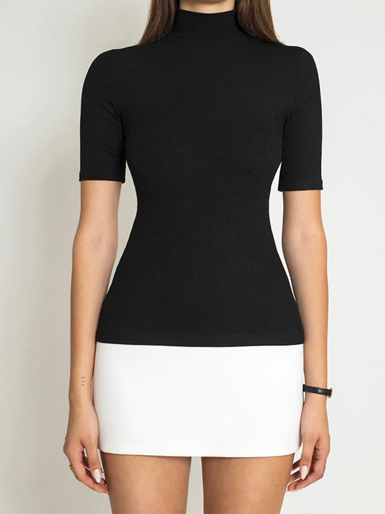 Summer 2025 Turtleneck Half Sleeve Mini Dresses French Style Fashion Elegant Bla