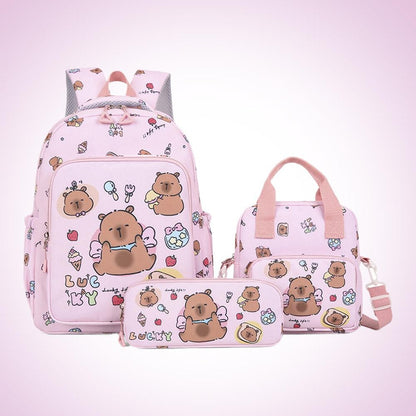 3Pcs/Set Kawaii Capybara Backpack Large Capacity Cartoon Teenager Fashion Nylon Lightweight Rucksack Set