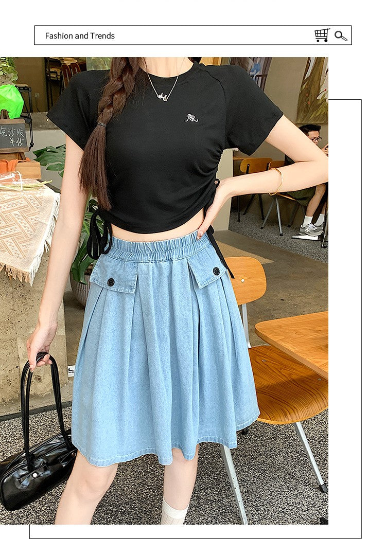 Casual Summer Plus Size Midi Denim Skirts Woman Preppy Loose A-line Ruffles Skirt With Shorts Elastic Waist Jeans Skirts Women