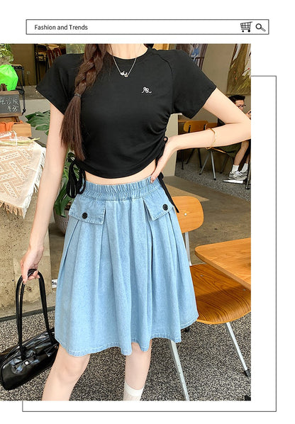 Casual Summer Plus Size Midi Denim Skirts Woman Preppy Loose A-line Ruffles Skirt With Shorts Elastic Waist Jeans Skirts Women