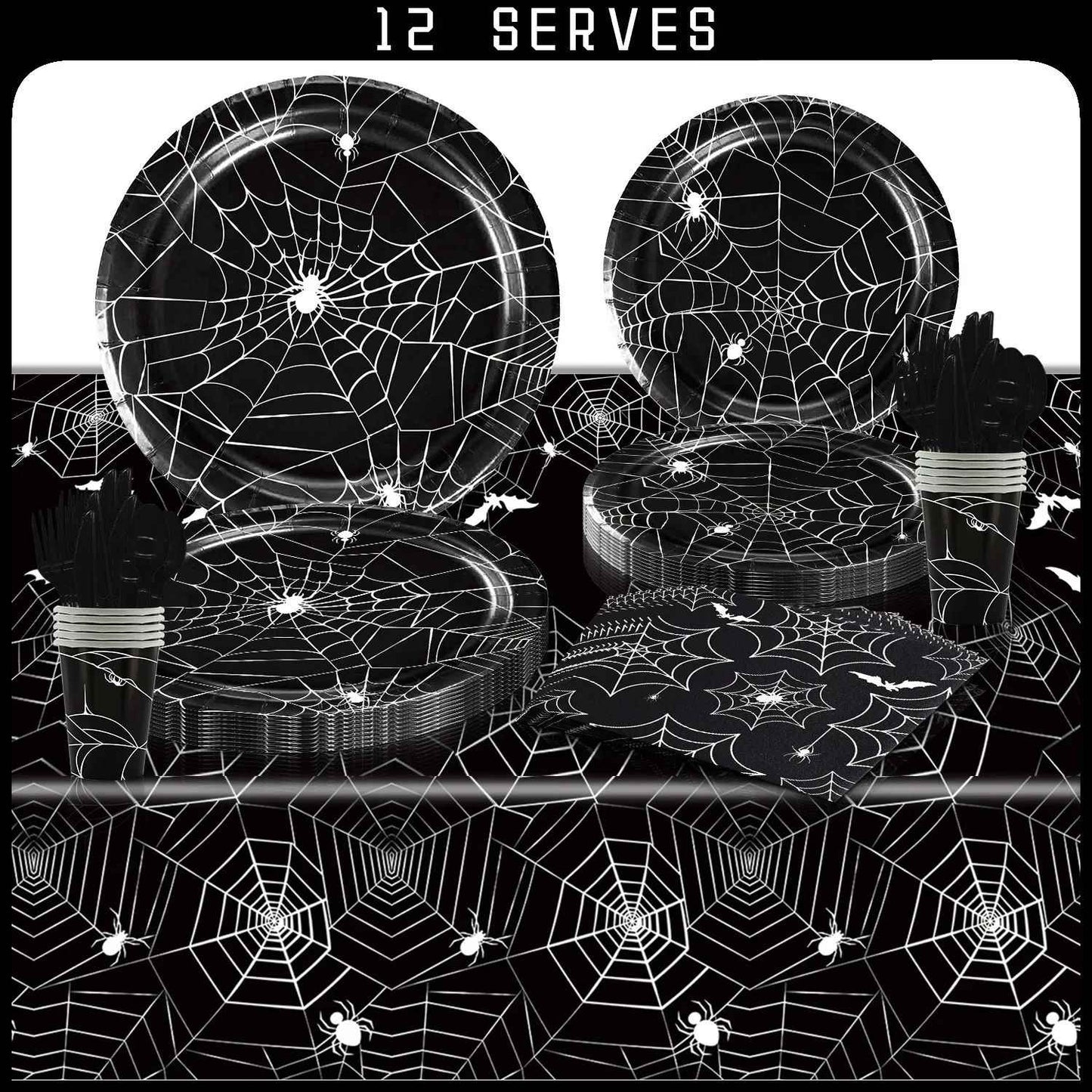 Conjunto de Louça de Festa de Halloween Pratos Festivos Guardanapos Toalha de Mesa Louça Descartável para 10/12 Convidados Decoração de Halloween