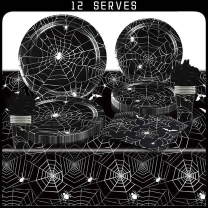 Conjunto de Louça de Festa de Halloween Pratos Festivos Guardanapos Toalha de Mesa Louça Descartável para 10/12 Convidados Decoração de Halloween