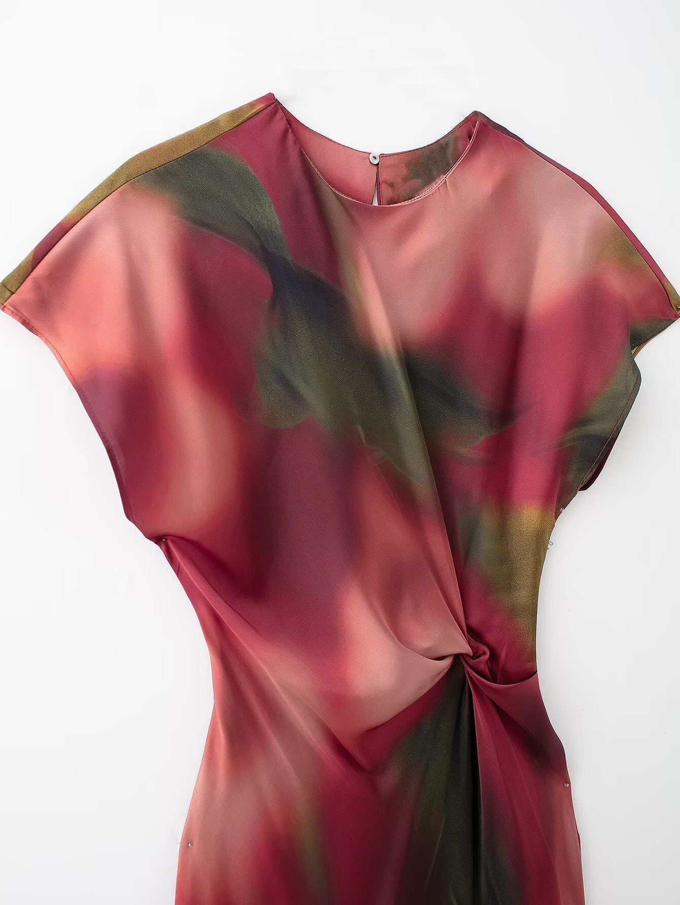 2025 RARA Spring New Women's Round Neck Waist Silk Satin Texture Printed Midi Dr