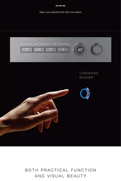 Luxury  black brass shower system wall-mounted LED digital display design Cold & hot dual-control 4-function ceiling shower Tap