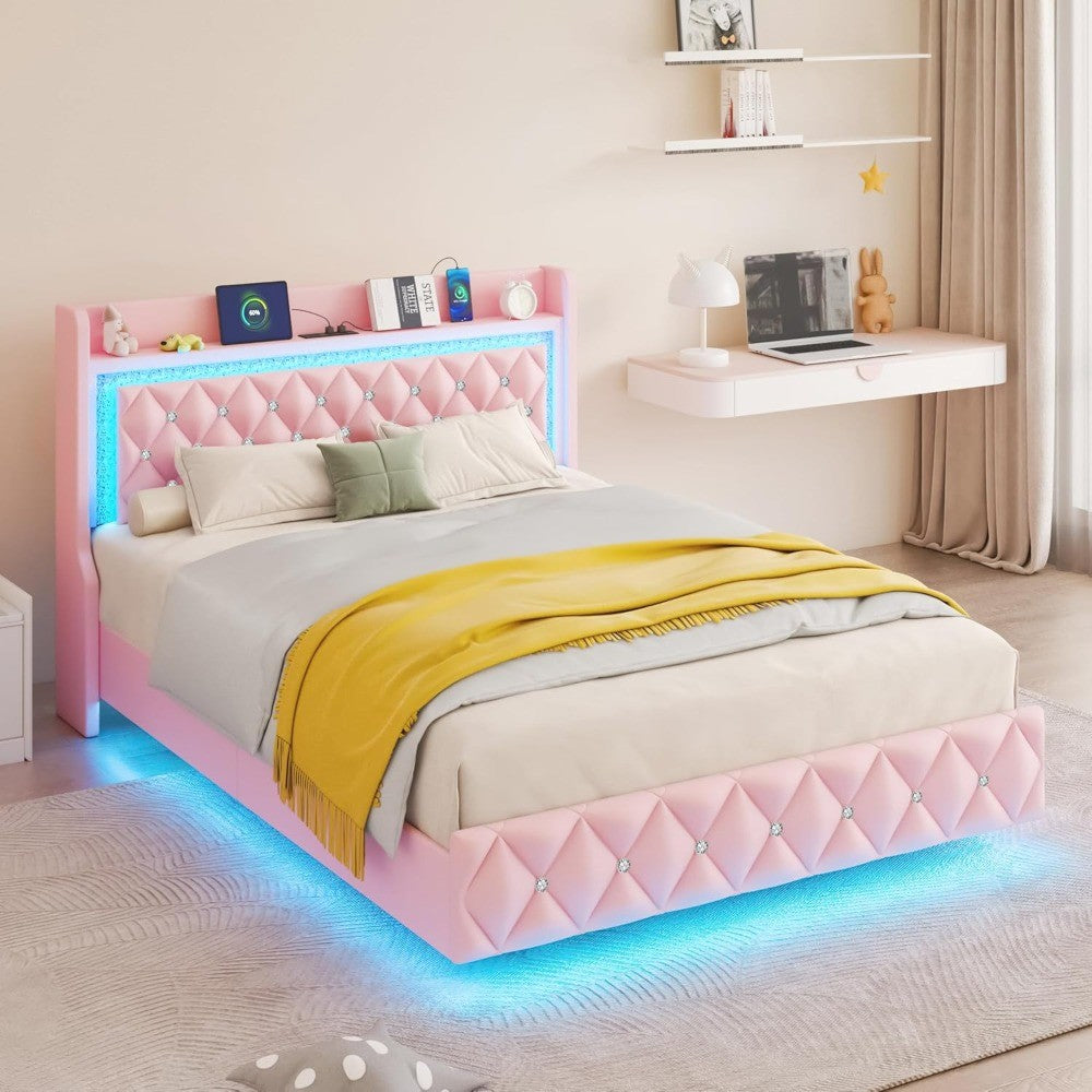 Estrutura de Cama Queen Flutuante com Luz LED, Cama Queen Estofada Plataforma com Estação de Carregamento e Encosto de Asa, Armazenamento Acolchoado com Diamantes