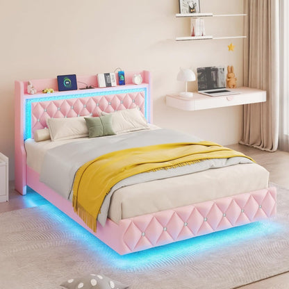Estrutura de Cama Queen Flutuante com Luz LED, Cama Queen Estofada Plataforma com Estação de Carregamento e Encosto de Asa, Armazenamento Acolchoado com Diamantes