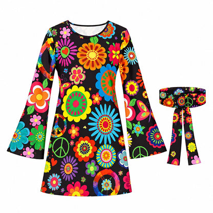 60s 70s Hippie Retro Flower Print Dress for Women Disco Party Festival Bell Sleeve Mini Dress Costume Halloween Carnival Outfit