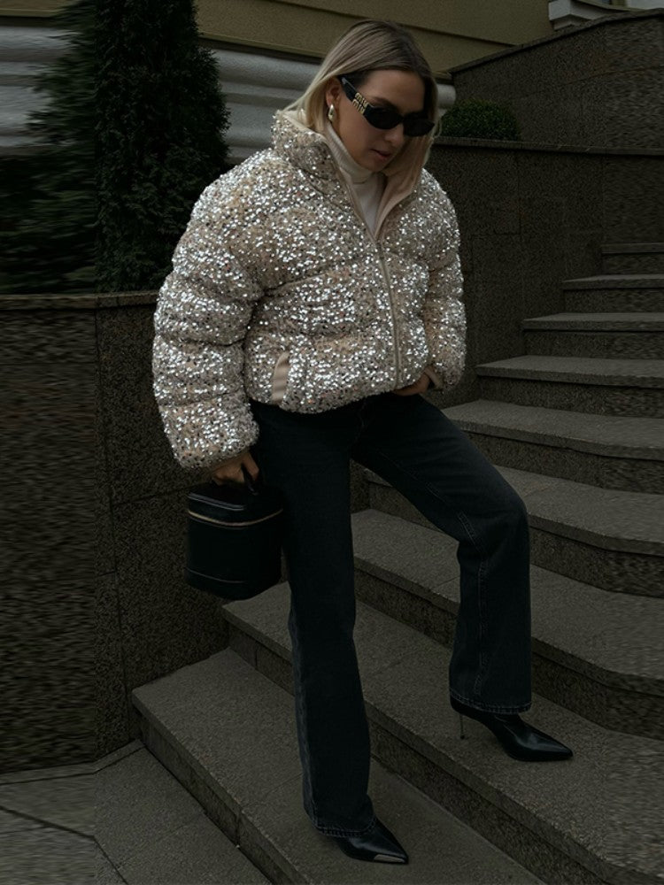 Sparkly Women's Sequin Puffer Jacket Oversize Cropped Stand Collar Zip-Up Party Coat Fashion High Street Female Winter Outerwear