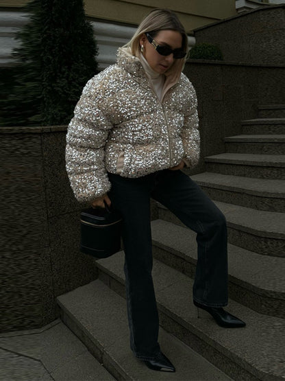 Sparkly Women's Sequin Puffer Jacket Oversize Cropped Stand Collar Zip-Up Party Coat Fashion High Street Female Winter Outerwear