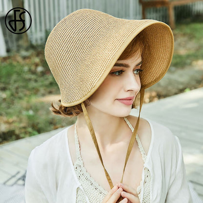 Chapéus de Sol de Festa Femininos FS Fashion Straw Regency Bonnets Hats para Mulheres Chapéu de Praia com Laço e Aba Grande Chapéu Cloche Fedora Chapeau Femme
