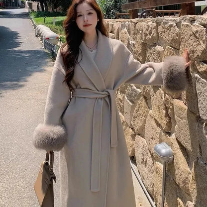 Korean Style Temperament Fur Collar Fashion Women's Coat Medium To Long Simple Casual Woolen Coat Slimming Versatile Woolen Coat