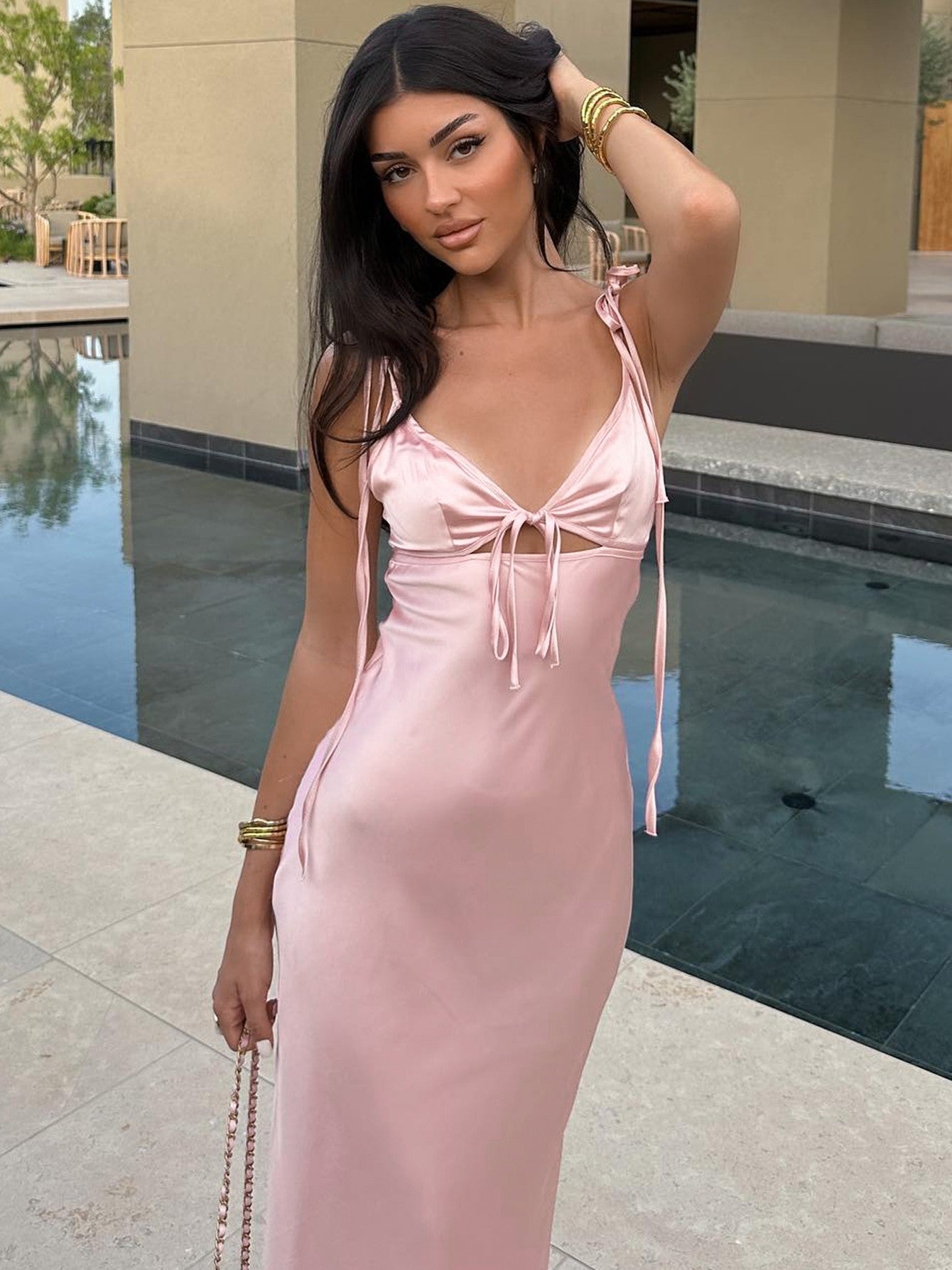 Dulzura Backless Lace Up Spaghetti Straps Cut Out Midi Dress Women Club Holiday