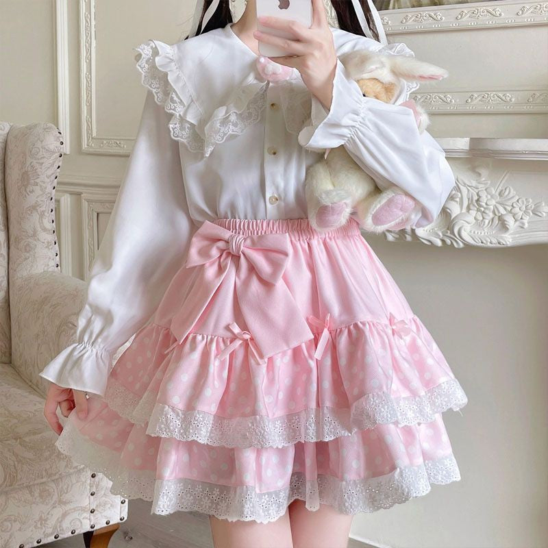Zoki Kawaii Bow Cake Skirt Women High Waist Cute Dot Sweet Mini Skirts Fashion Casual Japan Female Solid Summer A Line Skirt New