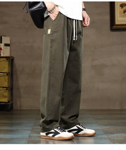 100% Cotton Men's Loose Wide Leg Pants Elastic Waist Fashion ArmyGreen Khaki Korean Streetwear Autumn Straight Trousers