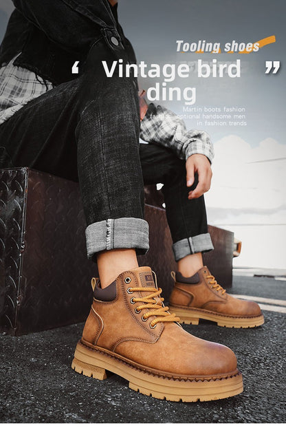 New Men's Casual High-top Boots, Anti-slip and Wear-resistant Thick-soled Height-increasing Shoes, Street Retro Work Boots