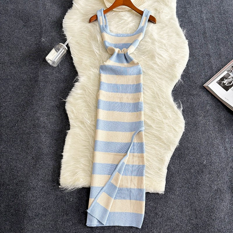 2024 Stripe Summer Elastic Split Bodycon Dress Sexy Beach Vacation Sundress Wome