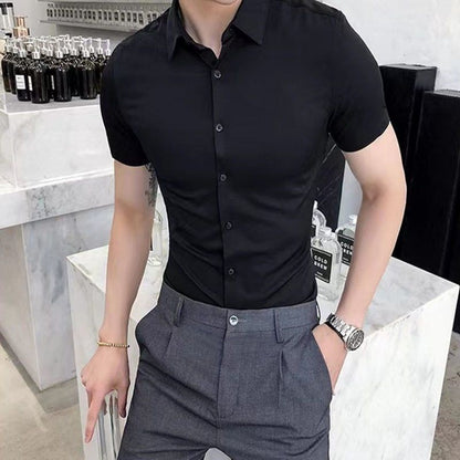 Korean Fashion Trend Casual Elastic Design Sense Short Sleeve Shirt Men's Solid Lapel Collar Button Breathable Simple Slim Tops