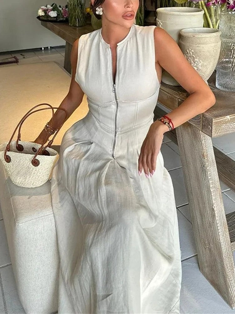 MUJER Zipper Long Dress Woman Pleated Sleeveless Bodycon Dress Summer Elegant Pa