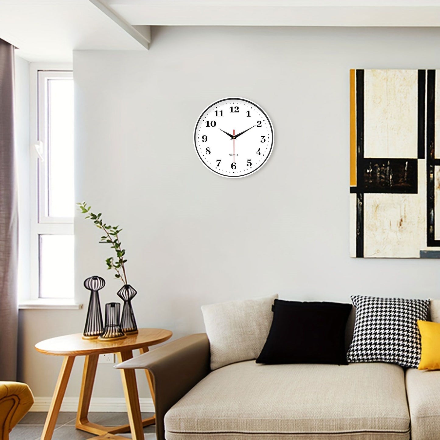 An 8-inch silent wall clock, modern white wall clock with simple design, battery operated quartz clock, adorns the family living