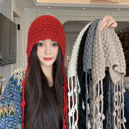 Autumn Winter Women's Hat Hand-knitted Woolen Tassel Cap Beanie Fashion Ear-protecting Cap Outdoor Warmth Headscarf Hat