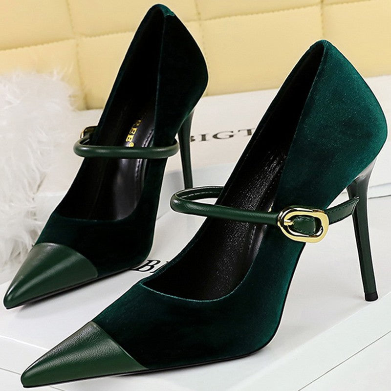 Korean Version Party 10cm 7cm High Heels Women Shoes Thin Heels Velvet Shallow Montage Pointed Toe Metal One-line Buckle Pumps