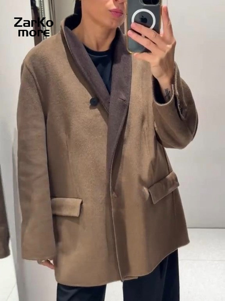 Fashion Brown Wool-blend Coat Women Stand Collar Long Sleeve One Button Pocket Warm Jacket 2025 Autumn Lady Chic Outwears New