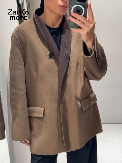 Fashion Brown Wool-blend Coat Women Stand Collar Long Sleeve One Button Pocket Warm Jacket 2025 Autumn Lady Chic Outwears New