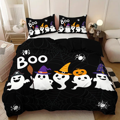 3 capas de edredom fofas de fantasma de Halloween, 1 capa de edredom + 2 fronhas, sem enchimento. Conjunto de cama macio e confortável, lavável à máquina
