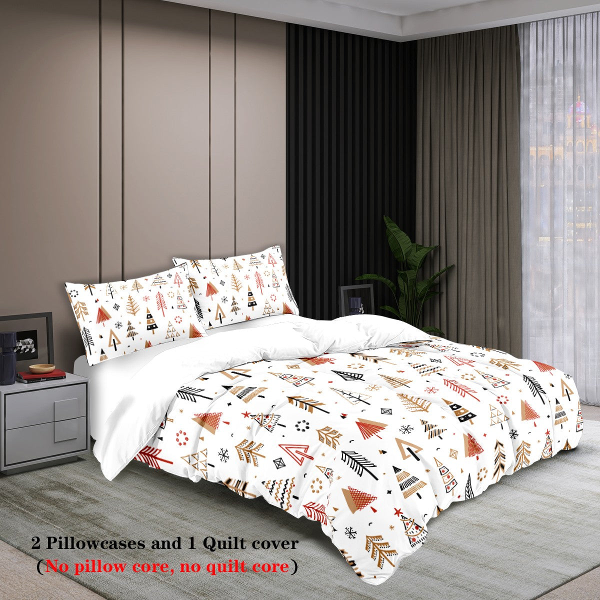 3-piece Christmas themed Christmas tree pattern print (1 duvet cover+2 pillowcases, no core) comfortable bedding set
